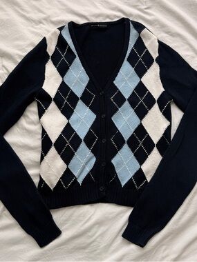 Brandy Melville Navy Light Blue & White Argyle V‑Neck Cardigan dark academia
